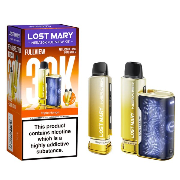 Lost Mary vaping device and packaging on a white background