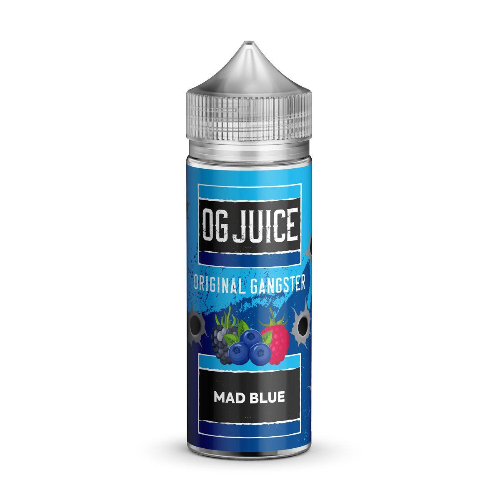 Vape juice bottle labeled 'OG Juice Original Gangster Mad Blue' on a white background