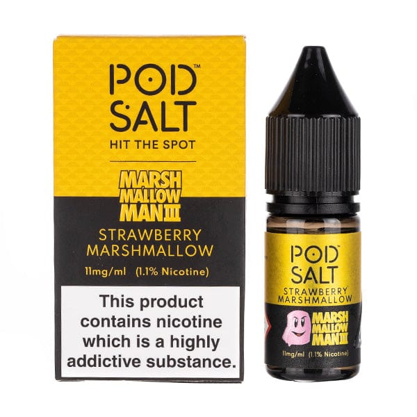 Pod Salt Strawberry Marshmallow vape juice bottle and packaging on a white background