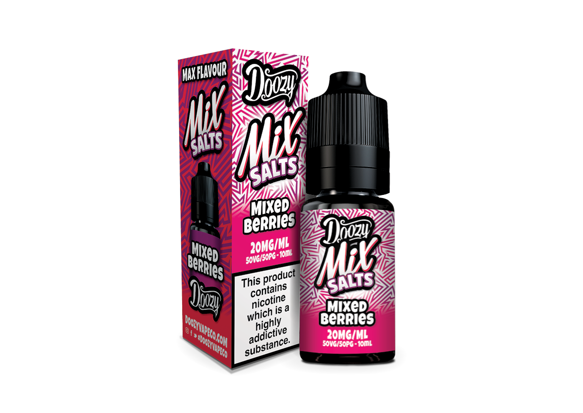 Doozy Mix Salts Mixed Berries vape juice bottle and packaging on a white background