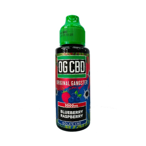 Bottle of OG CBD Original Gangster Blueberry Raspberry flavor on a white background