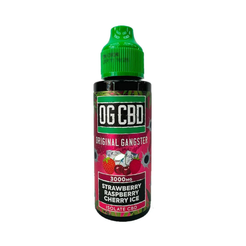 Bottle of OG CBD Original Gangster Strawberry Raspberry Cherry Ice flavor on a white background