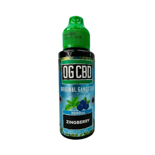 Bottle of OG CBD Original Gangster Zingberry flavor on a white background