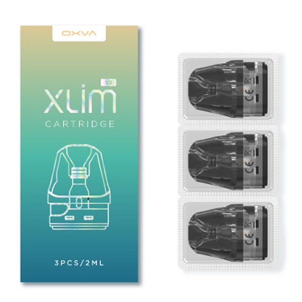 Oxva Xlim cartridge packaging with three clear cartridges on a white background