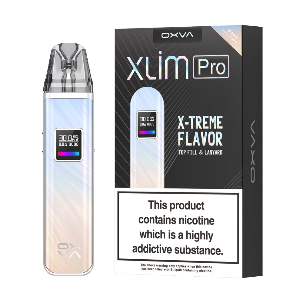 OXVA Xlim Pro vaping device and packaging on a white background