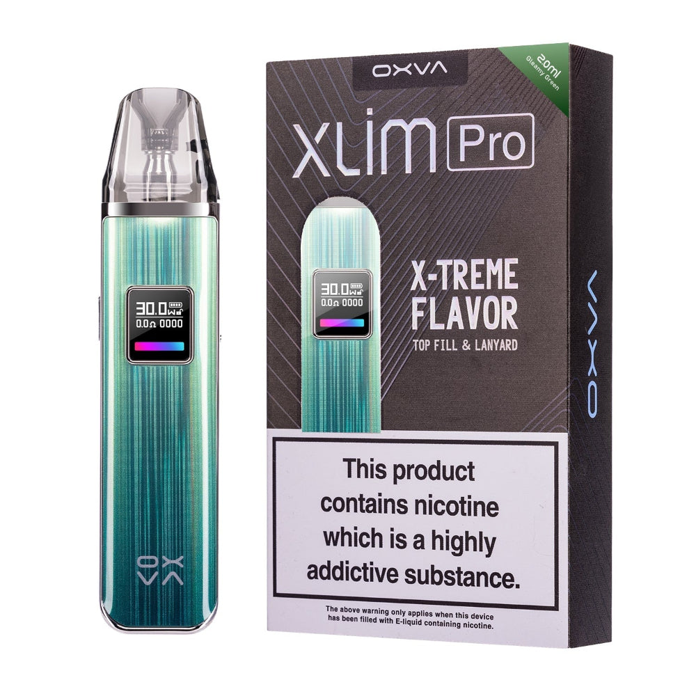 OXVA Xlim Pro vape device and packaging on a white background