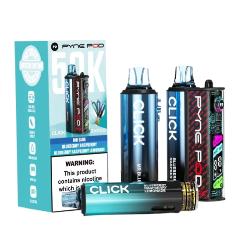 Collection of Click vape devices and packaging on a white background PYNE POD 50K Blue Edition