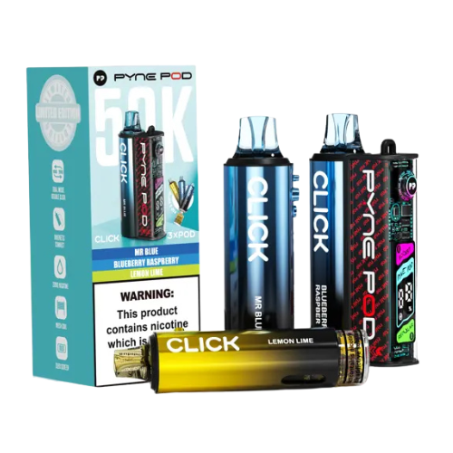 Collection of Click vape devices and packaging on a white background- PYNE POD 50K Classic Edition