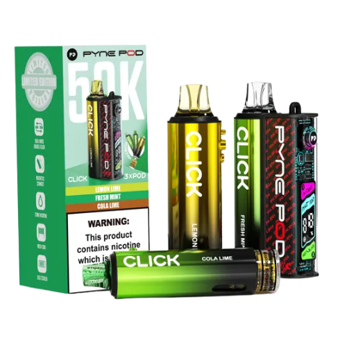 Collection of vaping devices and packaging on a white background- PYNE POD 50K Lime Edition