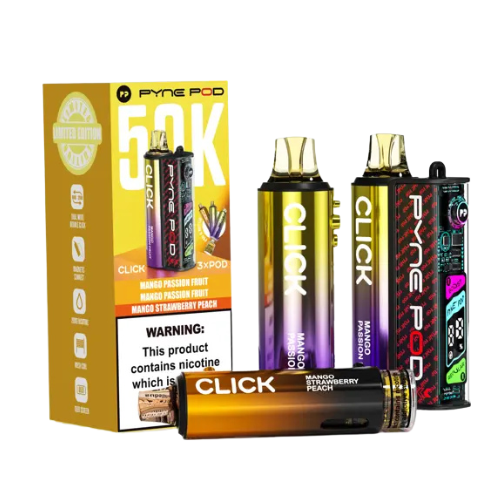 Collection of Click vape devices with a branded box on a white background- PYNE POD 50K Mango Edition
