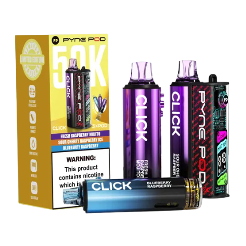 Vape devices and packaging with 'Click' and 'Pyne Pod' branding on a white background- PYNE POD 50K Rasberry Edition