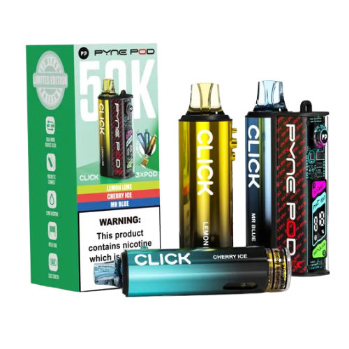 Collection of Click vape devices and Pyne Pod packaging on a white background - PYNE POD 50K Special Edition