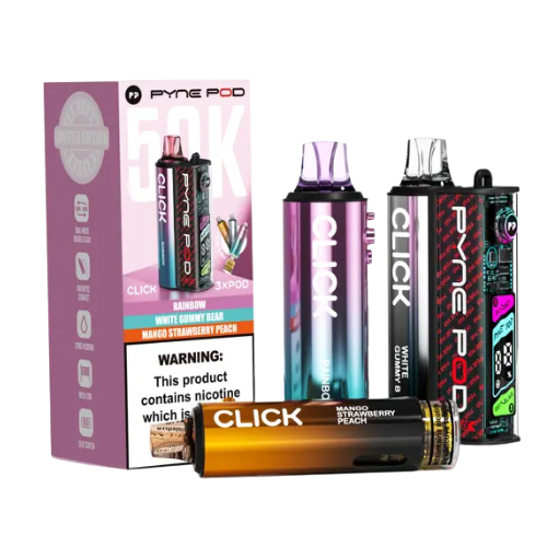 Pyne Pod Click vape devices and packaging on a white background - PYNE POD 50K Sweet edition 
