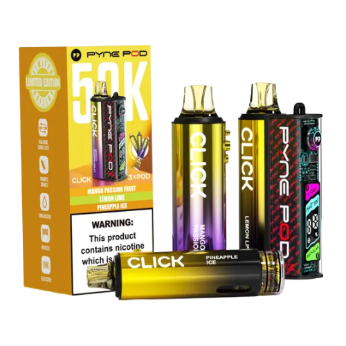 Pyne Pod vaping devices and packaging on a white background - PYNE POD 50K Yello Edition