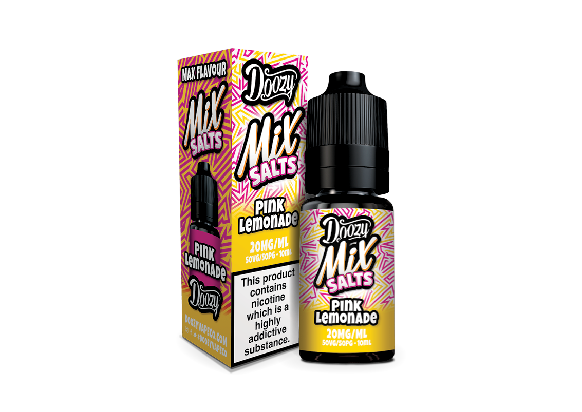 Doozy Mix Salts Pink Lemonade vape juice bottle and packaging on a white background