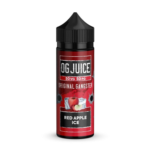Vape juice bottle labeled 'OG Juice Original Gangster Red Apple Ice' on a white background