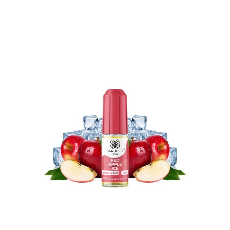 Bar Juice Red Apple Ice vape juice bottle with red apples and ice cubes on a white background