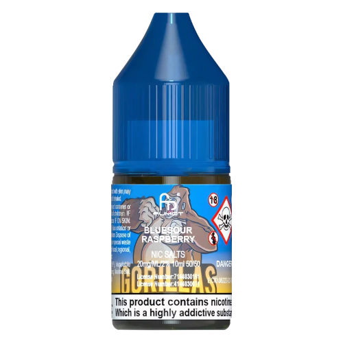 Blue bottle of Gorillas Blueberry Raspberry vape juice on a white background