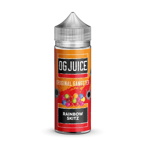 Vape juice bottle labeled 'OG Juice Original Gangster Rainbow Skitz' on a white background