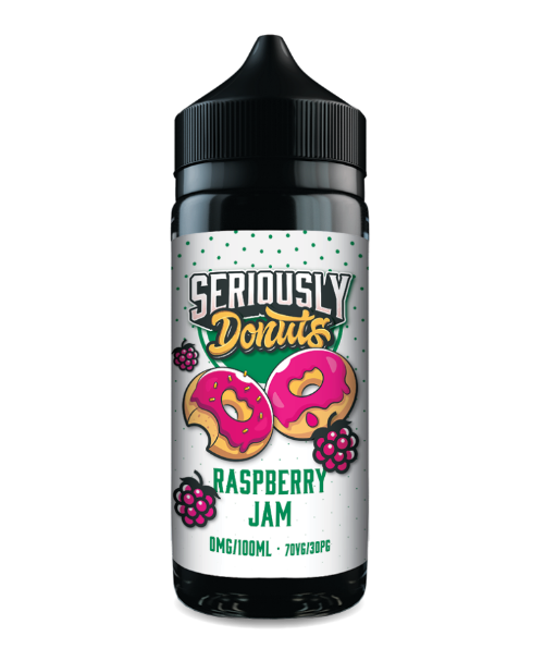 Bottle of Seriously Donuts Raspberry Jam e-liquid on a white background