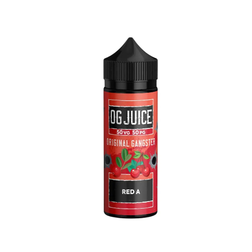 Vape juice bottle with red label and black cap on a white background