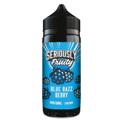 Blue bottle of Seriously Fruity Blue Razz Berry on a white background