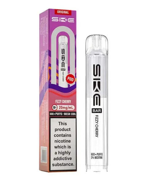 SKE vape pen and packaging on a white background-SKE CRYSTAL POD 600 FIZZY CHERRY 