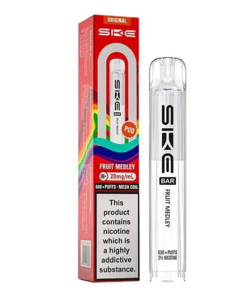 SKE vape pen and packaging on a white background-SKE CRYSTAL POD 600 FRUIT MEDLEY 