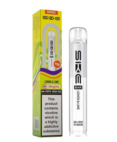 SKE vape pen and packaging on a white background-SKE CRYSTAL POD 600  LEMON LIME  