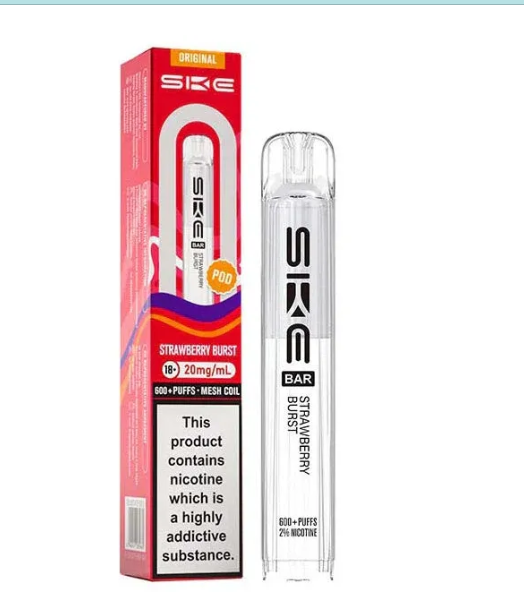 SKE strawberry burst vape pen and packaging on a white background-SKE CRYSTAL POD 600   STRAWBERRY BURST 