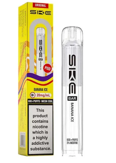 SKE vape pen and packaging with banana ice flavor on a white background- SKE CRYSTAL POD 600 banan_ice