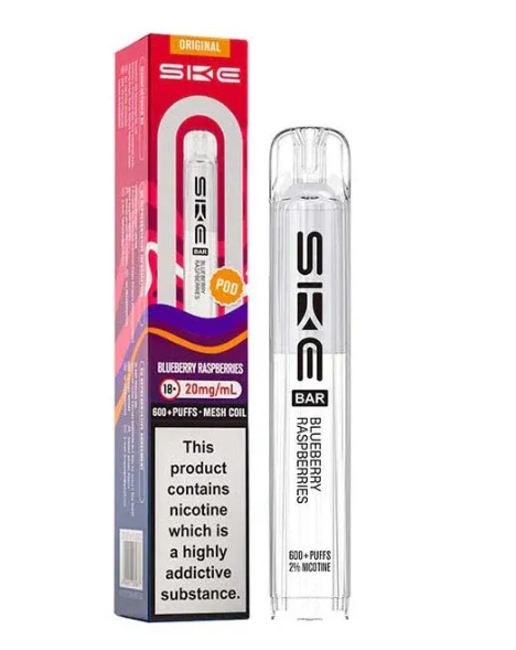 SKE vape pen and packaging on a white background-SKE CRYSTAL POD 600 bluberry_rasberry