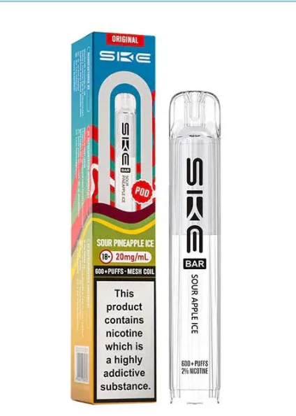 SKE vape pen and packaging on a white background-SKE CRYSTAL POD 600 sour_pinapple