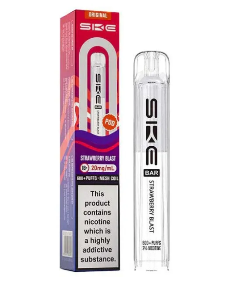 SKE strawberry blast vape pen and packaging on a white background-SKE CRYSTAL POD 600 strawbwerry_blast