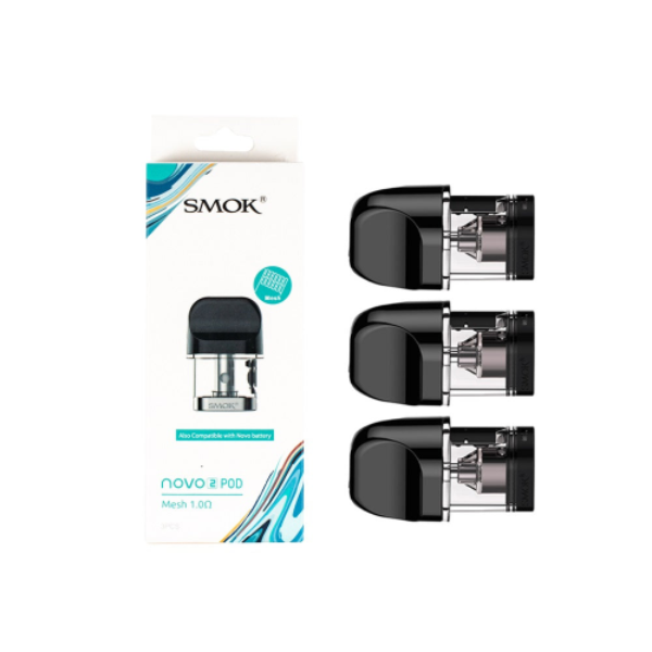Smok novo 2 PCD vaping device packaging with three black and clear pods on a white background.
