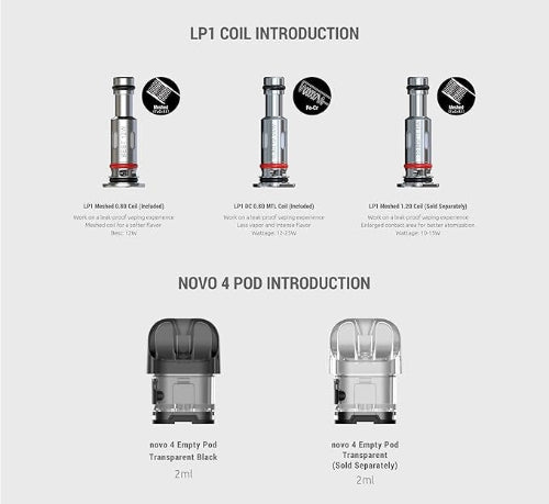 Vape coils and pods with brand names on a white background
