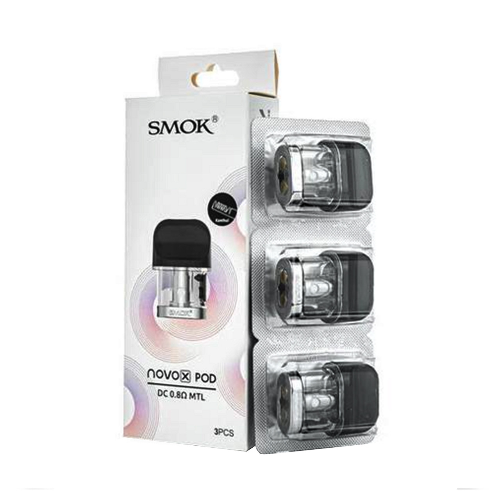 SMOK Novox vape pod packaging with three pods on a white background