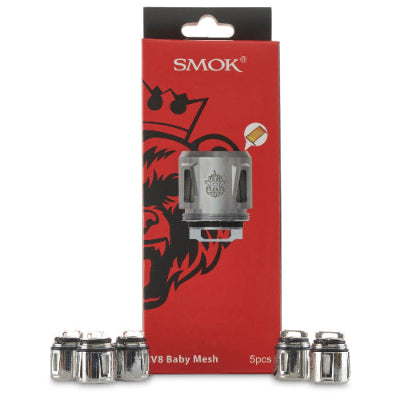 SMOK V8 Baby Mesh vape part packaging with red background and silver coils.