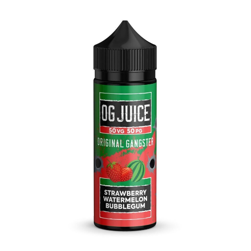 OG Juice Strawberry Watermelon Bubblegum vape juice bottle on a white background