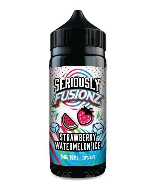 Bottle of Seriously Fusionz Strawberry Watermelon Ice e-liquid on a white background