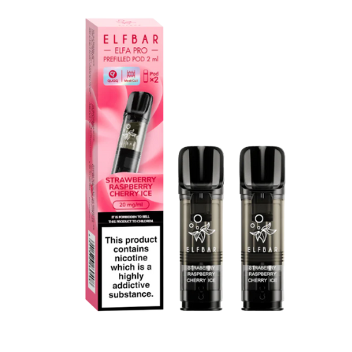 Elf Bar vape devices and packaging on a white background STRAWBERRY RASPBERRY CHERRY ICE