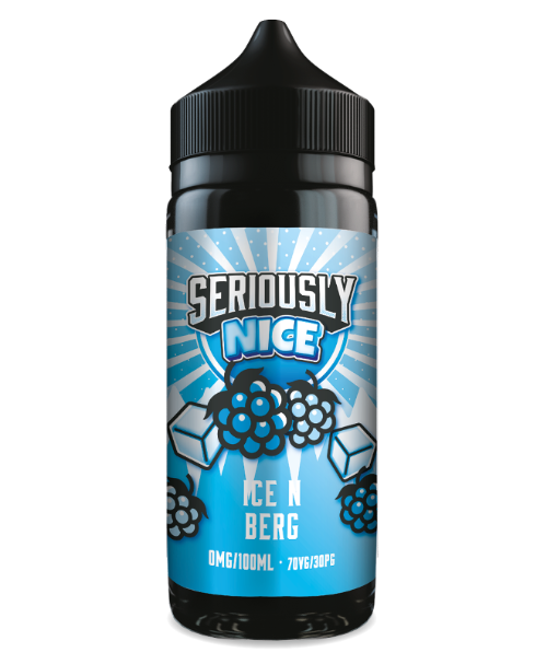 Vape juice bottle with blue label and black cap on white background