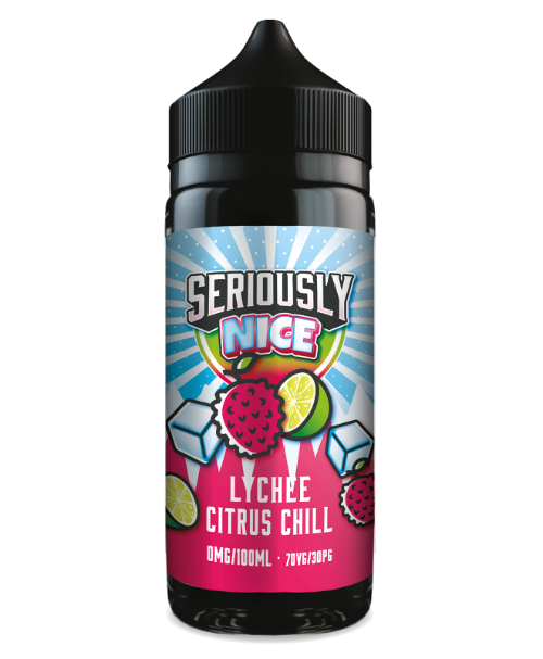Vape juice bottle with colorful label featuring lychee, citrus, and chili flavors on a white background.