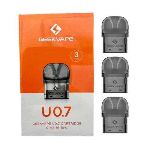 Geek Vape U0.7 cartridge packaging with three cartridges on a white background