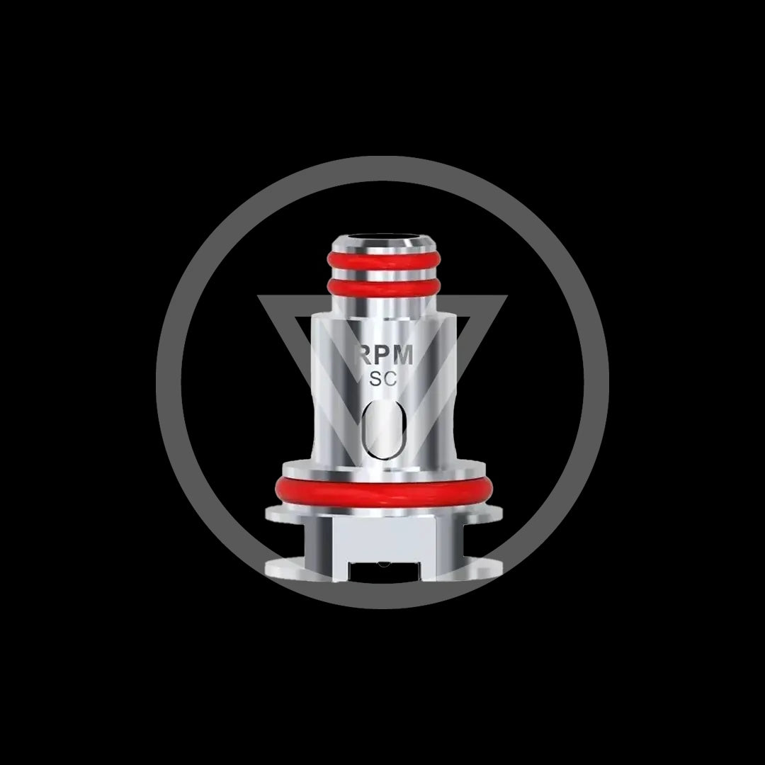Metallic vape coil with red accents on a black background