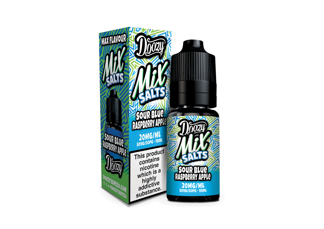Doozy Mix Salts Sour Blue Raspberry Apple vape juice bottle and packaging on a white background