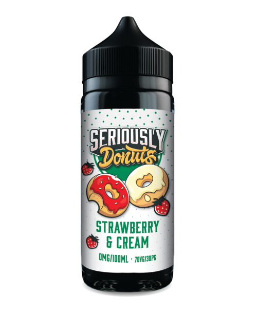 Bottle of Seriously Donuts Strawberry & Cream flavor on a white background