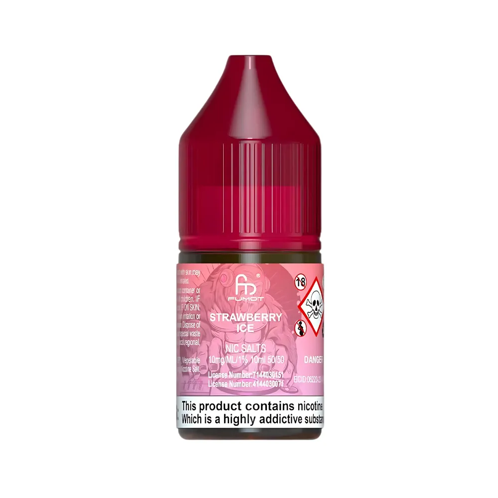 Bottle of strawberry ice flavored e-liquid with a pink label on a white background