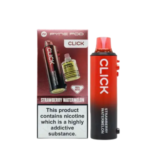 Red and black 'CLICK' vape device with strawberry watermelon flavor on a white background