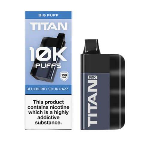 Titan vape device and packaging with '10K Puffs' on a white background- TITAN 10K BLUEBERRY SOUR RAZZ  